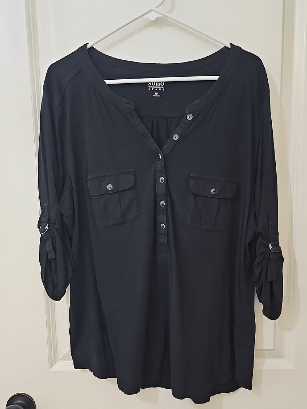 New York & Company SoHo Black Roll-Tab 1/2 Button Front Tunic
